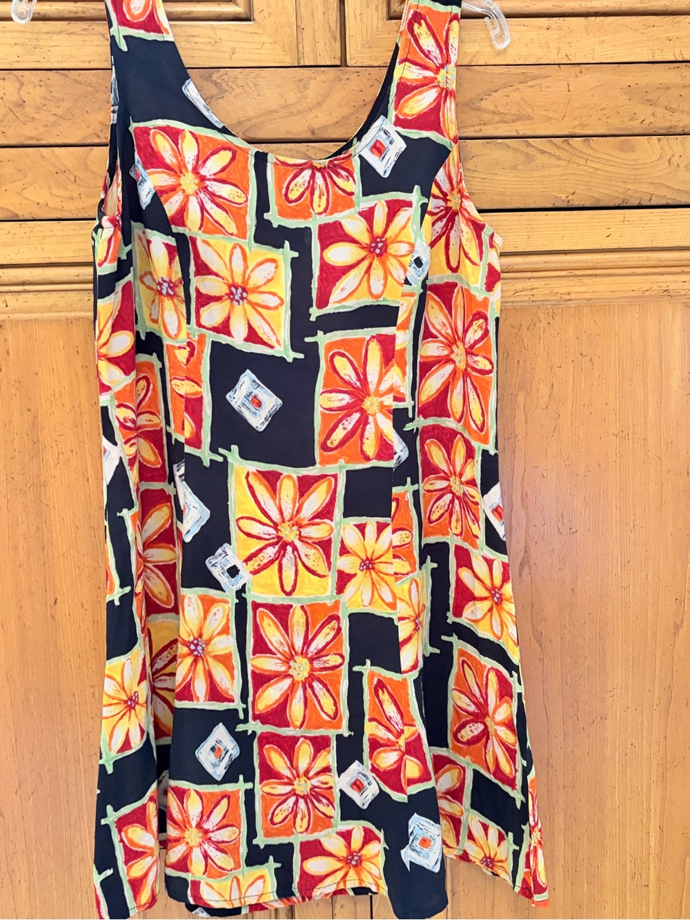 Black Floral Sleeveless Shift Dress with Orange & Yellow Motif